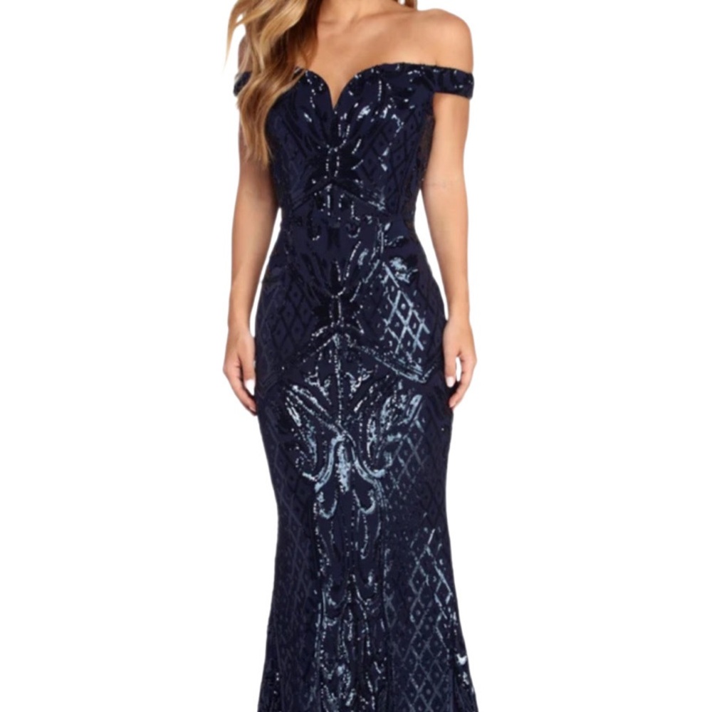 Windsor Navy Off-Shoulder Sequin Mermaid Gown